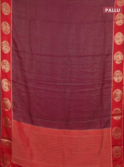 Semi mysore silk saree wine shade and red with allover small zari checked pattern and zari woven butta border