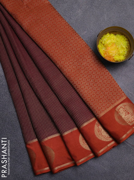 Semi mysore silk saree coffee brown and rust shade with allover small zari checked pattern and zari woven butta border