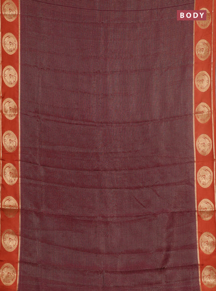 Semi mysore silk saree coffee brown and rust shade with allover small zari checked pattern and zari woven butta border