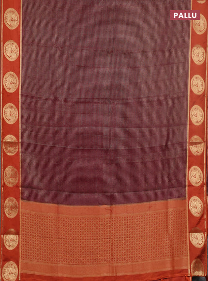 Semi mysore silk saree coffee brown and rust shade with allover small zari checked pattern and zari woven butta border