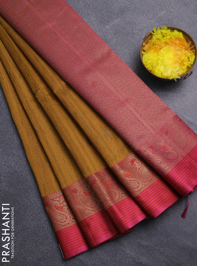 Banarasi semi dupion saree mustard yellow and pink with thread & zari woven buttas and zari woven border