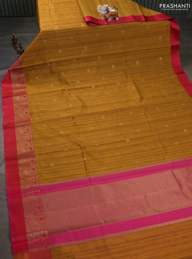 Banarasi semi dupion saree mustard yellow and pink with thread & zari woven buttas and zari woven border