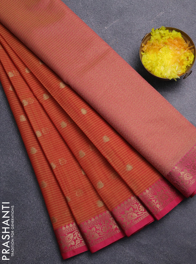 Banarasi semi dupion saree sunset orange and pink with thread & zari woven buttas and zari woven border