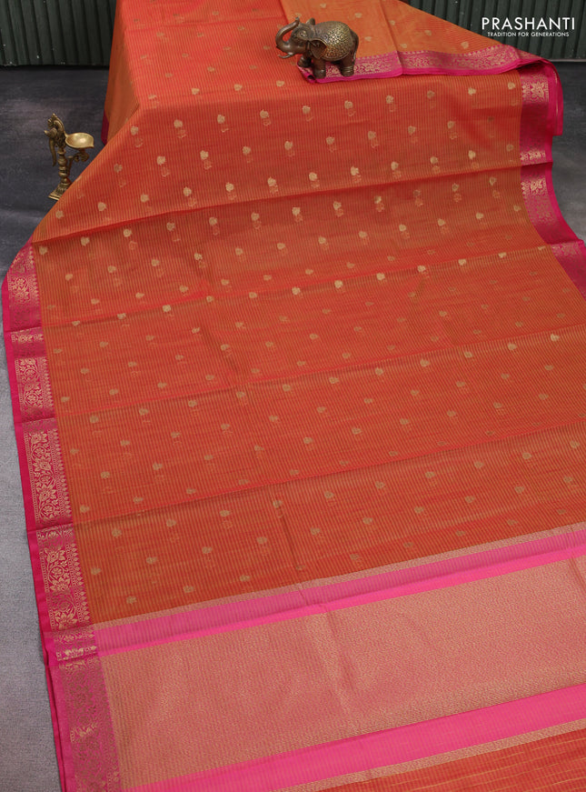 Banarasi semi dupion saree sunset orange and pink with thread & zari woven buttas and zari woven border