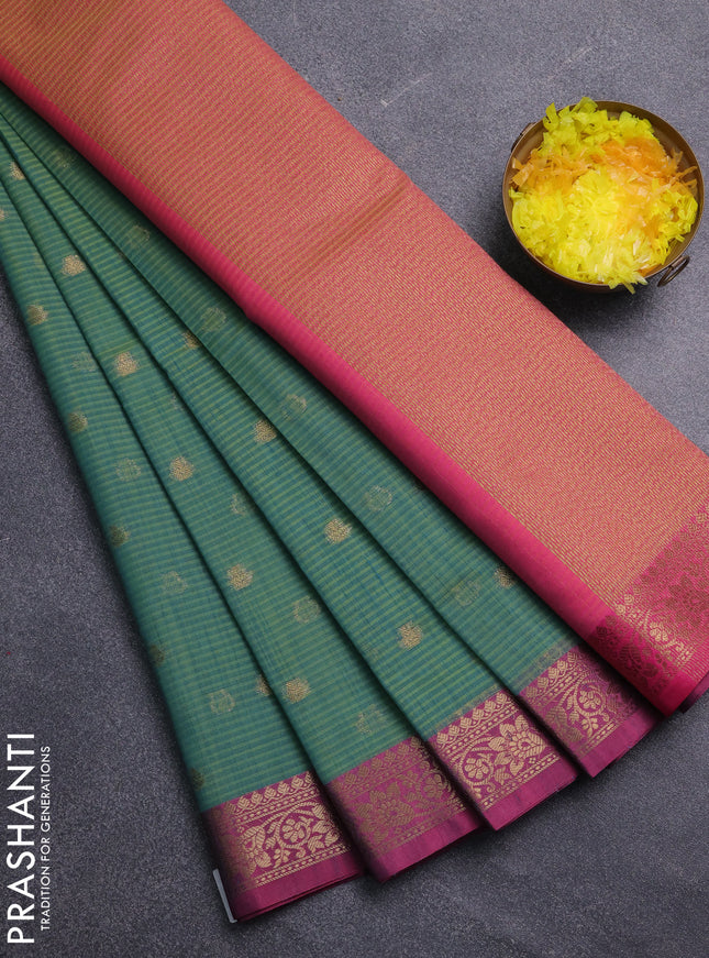 Banarasi semi dupion saree dual shade of greenish blue and pink with thread & zari woven buttas and zari woven border