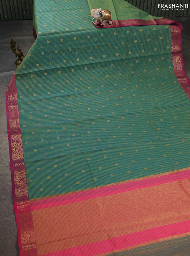 Banarasi semi dupion saree dual shade of greenish blue and pink with thread & zari woven buttas and zari woven border