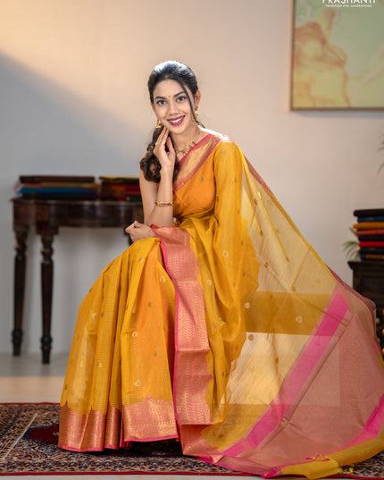 Banarasi semi dupion saree mustard yellow and pink with thread & zari woven buttas and zari woven border