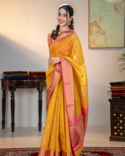 Banarasi semi dupion saree mustard yellow and pink with thread & zari woven buttas and zari woven border