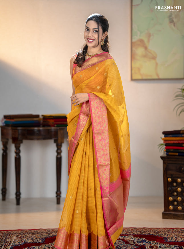 Banarasi semi dupion saree mustard yellow and pink with thread & zari woven buttas and zari woven border