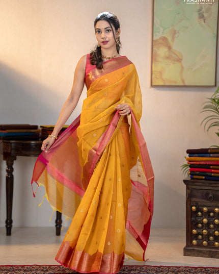 Banarasi semi dupion saree mustard yellow and pink with thread & zari woven buttas and zari woven border