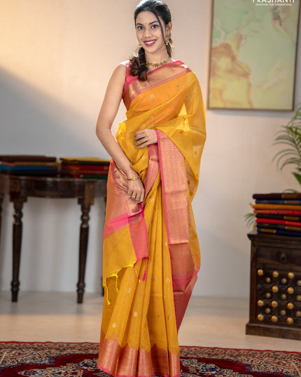 Banarasi semi dupion saree mustard yellow and pink with thread & zari woven buttas and zari woven border