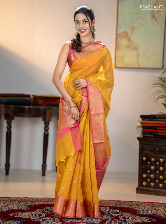 Banarasi semi dupion saree mustard yellow and pink with thread & zari woven buttas and zari woven border