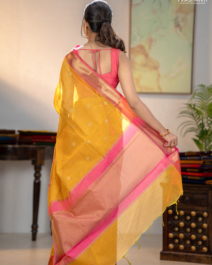 Banarasi semi dupion saree mustard yellow and pink with thread & zari woven buttas and zari woven border