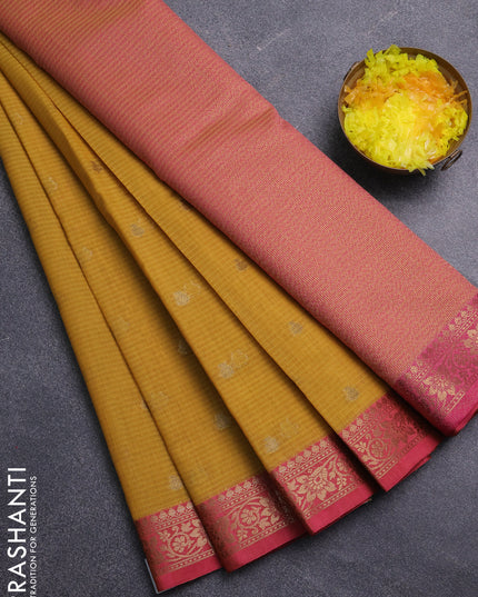 Banarasi semi dupion saree mustard yellow and pink with thread & zari woven buttas and zari woven border