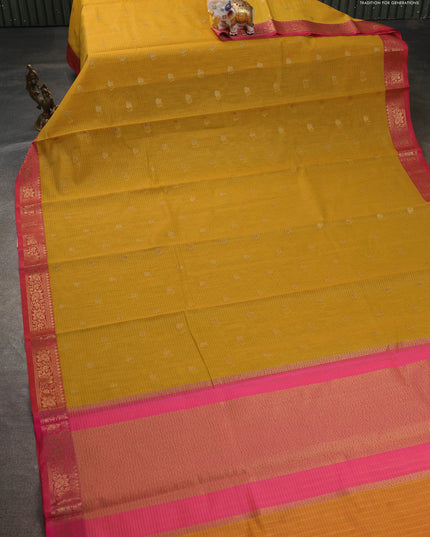 Banarasi semi dupion saree mustard yellow and pink with thread & zari woven buttas and zari woven border