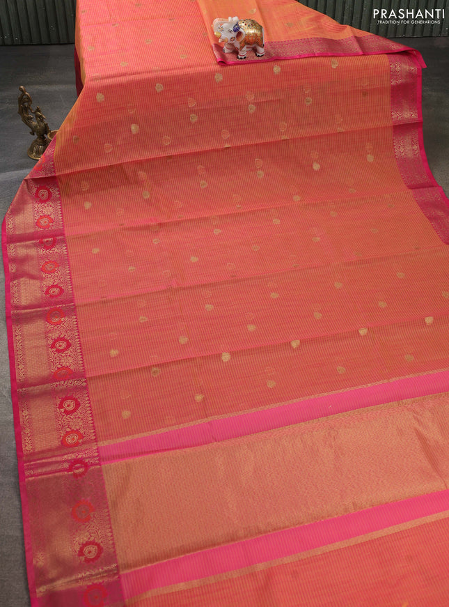 Banarasi semi dupion saree dual shade of pinkish yellow and pink with zari woven buttas and zari woven border