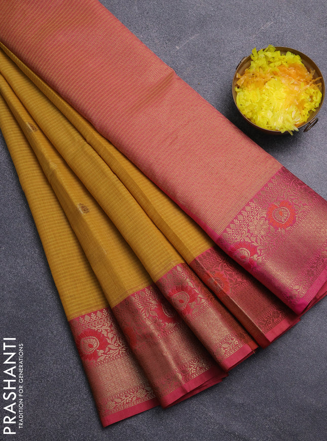 Banarasi semi dupion saree mustard yellow and pink with zari woven buttas and zari woven border