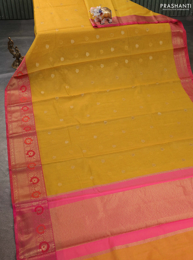 Banarasi semi dupion saree mustard yellow and pink with zari woven buttas and zari woven border