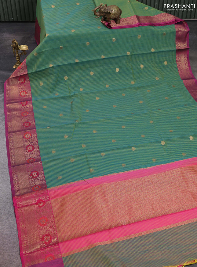 Banarasi semi dupion saree green and pink with zari woven buttas and zari woven border