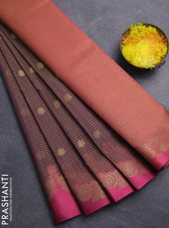 Banarasi semi dupion saree dual shade of greenish purple and pink with zari woven buttas and zari woven border