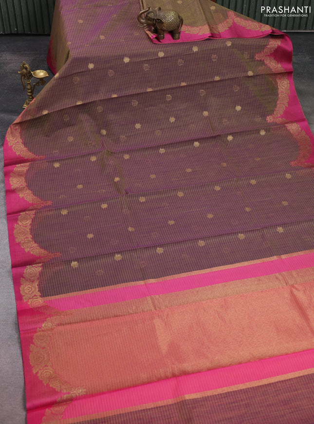Banarasi semi dupion saree dual shade of greenish purple and pink with zari woven buttas and zari woven border