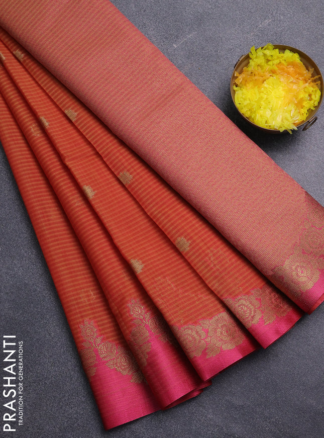 Banarasi semi dupion saree sunset orange and pink with zari woven buttas and zari woven border