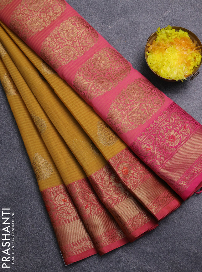 Banarasi semi dupion saree mustard yellow and pink with thread & zari woven buttas and zari woven border