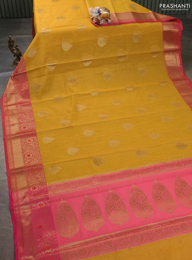 Banarasi semi dupion saree mustard yellow and pink with thread & zari woven buttas and zari woven border