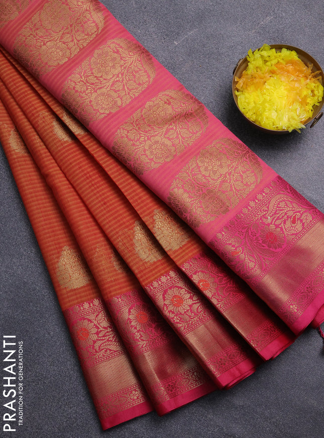 Banarasi semi dupion saree sunset orange and pink with thread & zari woven buttas and zari woven border