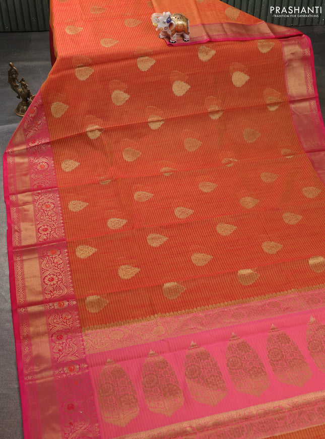 Banarasi semi dupion saree sunset orange and pink with thread & zari woven buttas and zari woven border