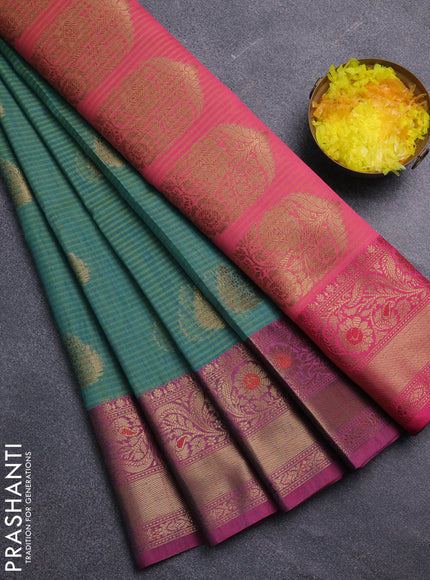 Banarasi semi dupion saree dual shade of greenish blue and pink with thread & zari woven buttas and zari woven border