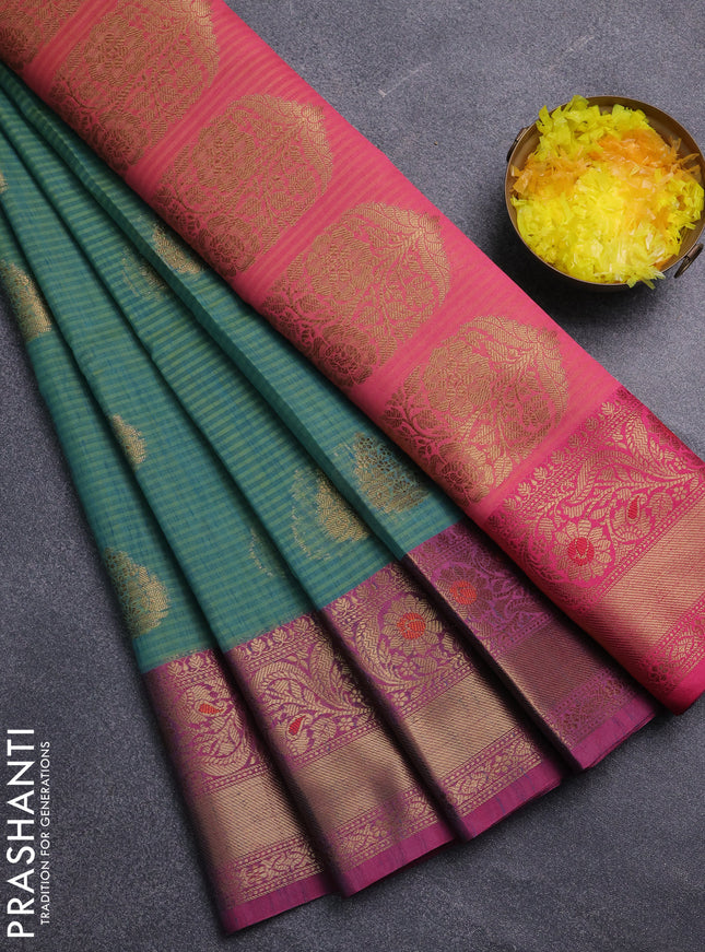 Banarasi semi dupion saree dual shade of greenish blue and pink with thread & zari woven buttas and zari woven border