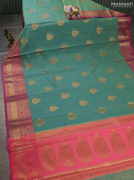 Banarasi semi dupion saree dual shade of greenish blue and pink with thread & zari woven buttas and zari woven border