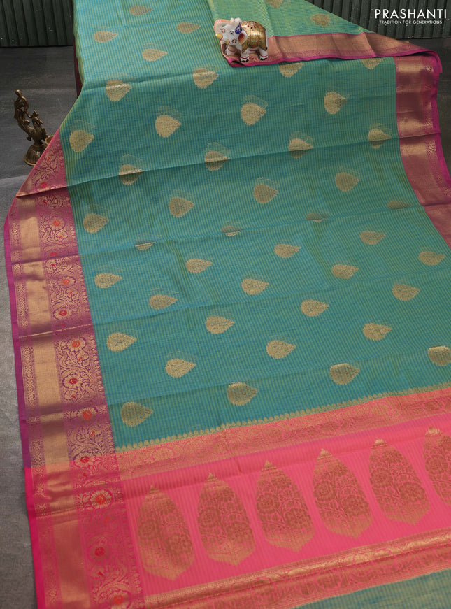 Banarasi semi dupion saree dual shade of greenish blue and pink with thread & zari woven buttas and zari woven border