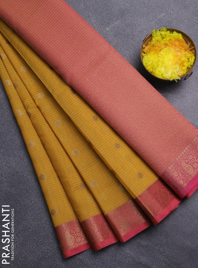 Banarasi semi dupion saree mustard yellow and pink with zari woven buttas and zari woven border