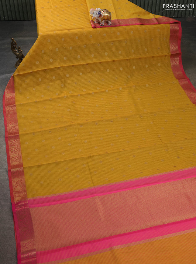 Banarasi semi dupion saree mustard yellow and pink with zari woven buttas and zari woven border