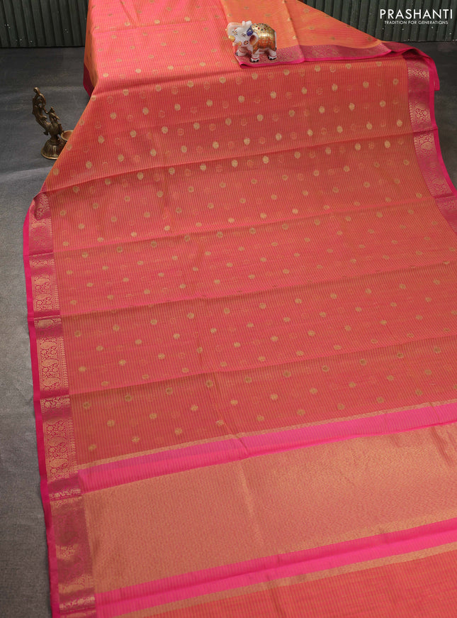 Banarasi semi dupion saree dual shade of pinkish yellow and pink with zari woven buttas and zari woven border
