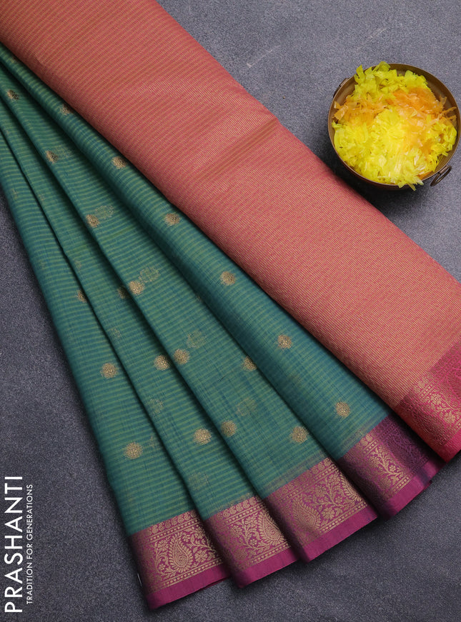 Banarasi semi dupion saree dual shade of bluish green and pink with zari woven buttas and zari woven border