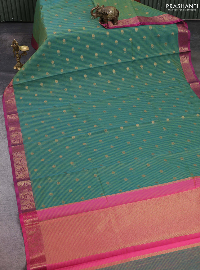 Banarasi semi dupion saree dual shade of bluish green and pink with zari woven buttas and zari woven border