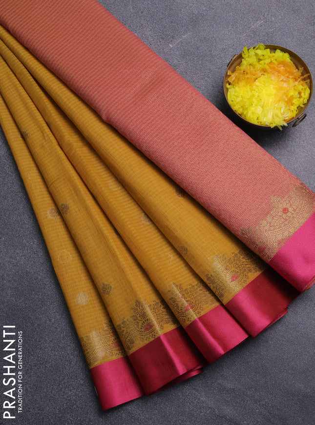 Banarasi semi dupion saree mustard yellow and pink with zari woven buttas and zari woven simple border