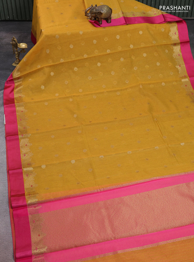 Banarasi semi dupion saree mustard yellow and pink with zari woven buttas and zari woven simple border
