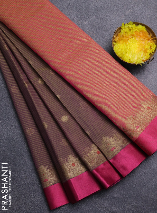 Banarasi semi dupion saree dual shade of greenish purple and pink with zari woven buttas and zari woven simple border