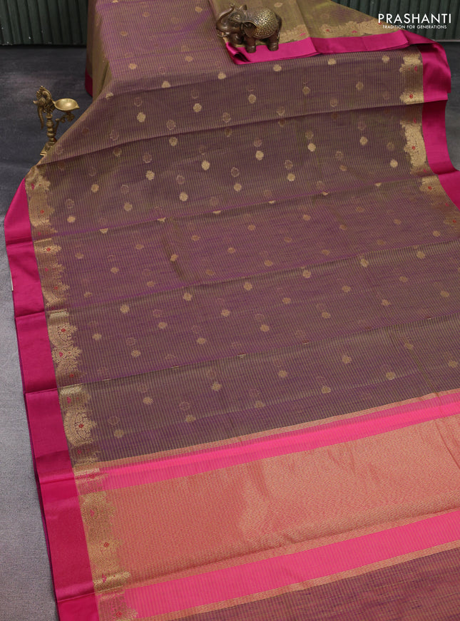 Banarasi semi dupion saree dual shade of greenish purple and pink with zari woven buttas and zari woven simple border