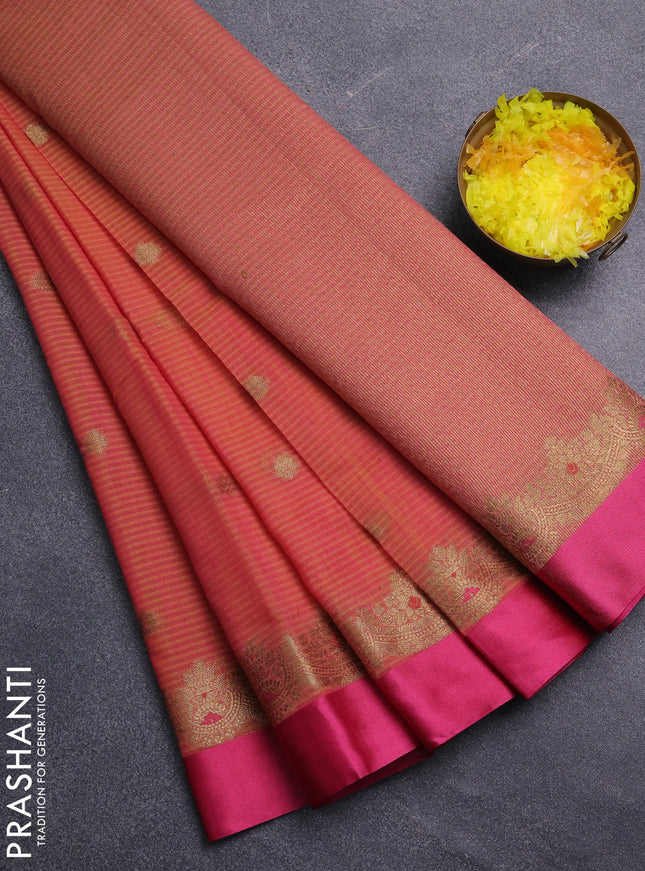 Banarasi semi dupion saree dual shade of pinkish yellow and pink with zari woven buttas and zari woven simple border