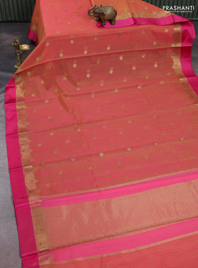 Banarasi semi dupion saree dual shade of pinkish yellow and pink with zari woven buttas and zari woven simple border
