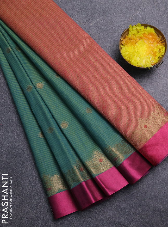 Banarasi semi dupion saree dual shade of greenish blue and pink with zari woven buttas and zari woven simple border