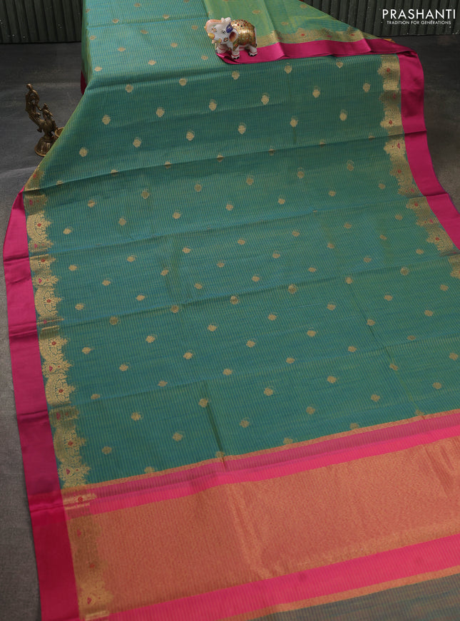 Banarasi semi dupion saree dual shade of greenish blue and pink with zari woven buttas and zari woven simple border