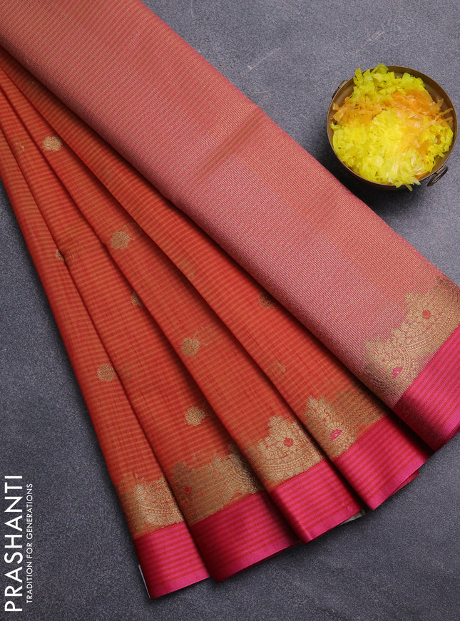 Banarasi semi dupion saree sunset orange and pink with zari woven buttas and zari woven simple border