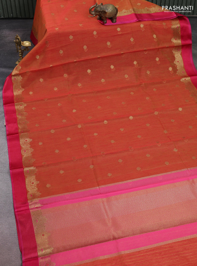 Banarasi semi dupion saree sunset orange and pink with zari woven buttas and zari woven simple border