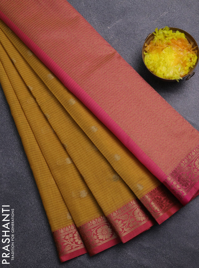 Banarasi semi dupion saree mustard yellow and pink with zari woven buttas and zari woven border